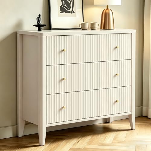 Image of Fatmok Fluted 3 Drawer Dresser for Bedroom, 34 inch Wide Chest of Drawers, Modern Wood Nightstand End Table with Metal Handles, Striped Storage Cabinet for Living Room, Hallway, Entryway, Alabaster White