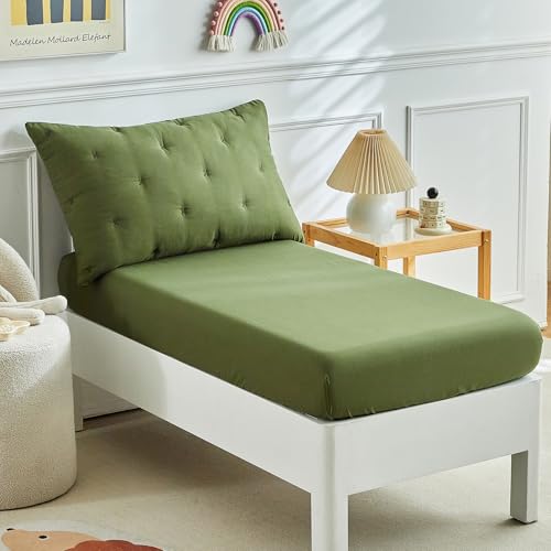 Image of DuShow 4 Pieces Toddler Bedding Set,Embroidery Crib Comforter Set for Boys Includes Toddler Bed Comforter,Fitted Sheet,Flat Sheet and Envelope Pillowcase,Soft Toddler Bed Sheet Set-Olive Green