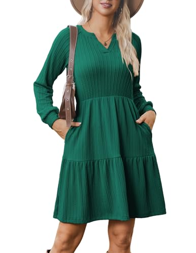 Zeagoo Herbstkleid Damen Langarm Strickkleid V-Ausschnitt A Linie Pulloverkleid Elegant Gerippt Stufenkleid Knielang Winterkleid Mit Taschen Grün XL