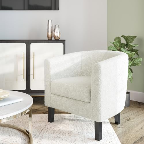 Image of BELLEZE Accent Barrel Chair Set of 2, Linen Round Chair Club Tub Sofa Corner Chair with Flared Legs and Cozy Soft Padding for Living Room Bedroom Waiting Room - Teddy White