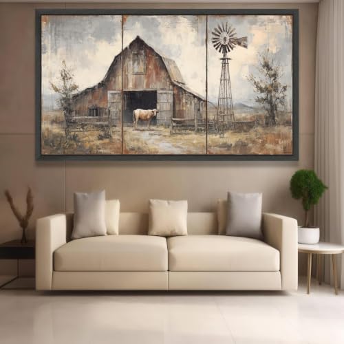 Toile vintage grange et paysage champêtre pour déco salon cosy - 3