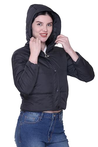 Image of SANE ORIGINALS Hooded Winter Jacket for Women in Full Zipper || Stylish Semi Crop Warm Jacket for Women Winter Wear with Hood ||