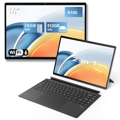 FUNYET Portátiles 2 en 1, Win 11 PC Laptop de 14'，Procesador N100 16GB RAM 512GB SSD Laptop, Teclado Bluetooth con Retroiluminación y Desbloqueo de Huellas Dactilares