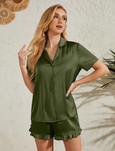Image of Silk Pajamas for Women Satin Womens Pajama Sets Short Sleeve Set 2-Piece Sleepwear