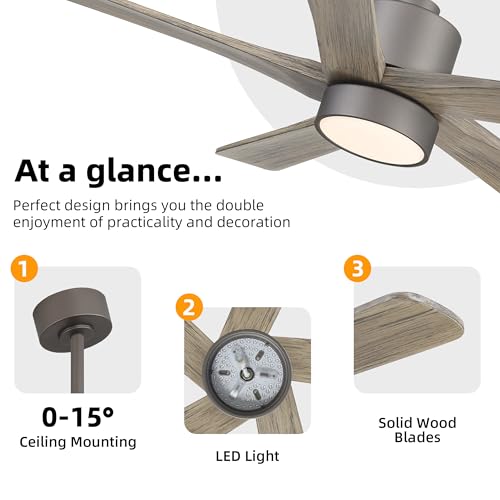 Image of WINGBO 48 Inch DC Ceiling Fan with Lights and Remote Control, 5 Carved Solid Wood Blades, 6-Speed Noiseless Reversible DC Motor, Indoor Ceiling Fan in Graphite Finish with Gray Blades