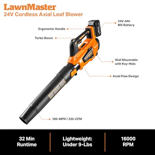Image of Leaf Blower Cordless, LawnMaster Leaf Blower 24V Max with 4.0Ah Battery and a Charger-CLBL2417A | 4.0Ah Battery, Charger