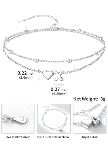 Image of SILVERCUTE Silver Anklets for Women, Waterproof Initial Heart Ankle Bracelets Sterling Silver, Adjustable Layered Foot Jewelry Summer Beach Fashion with Personalized Name Design, Gift Package