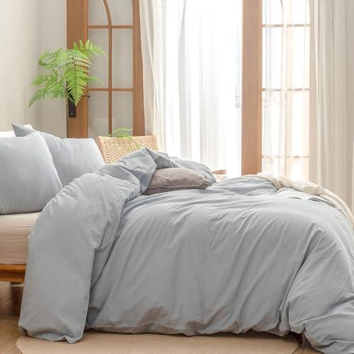 Image of BESTOUCH Cotton Solid Duvet Cover Set Cornflower Blue Alaska King | 100% Washed Cotton, Soft Wrinkle Texture, Hidden Zipper, 8 Ties, Breathable Lightweight Durable Comfy, 3 Pcs No Insert