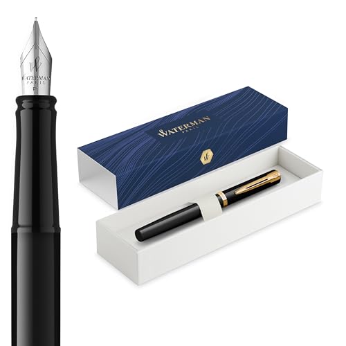 Waterman Impression FĂĽller | Mittlere Feder mit blauer Tintenpatrone | Schwarzer Lack mit goldbeschichtetem Zierrat | Geschenkbox