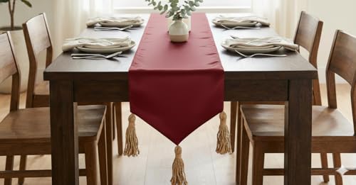 Image of E-EZRA New Year Christmas Decor Silk Velvet Dinning Table Runner Coffee Table Long Plain Table Long Runner Traditional Dining Table Cloth Runner Up | 14 x 90 inches Red