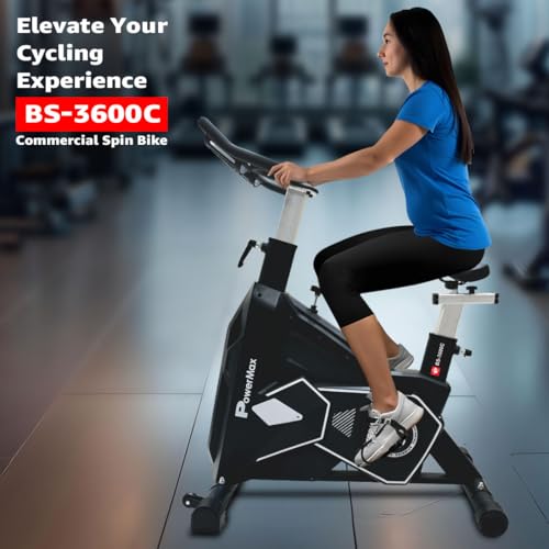 Image of PowerMax Fitness BS-3600C Commercial Spin Exercise Bike, 24 Kg fly wheel, Max user 180kg, Belt drive, Manual braking, 2pc Crank, Adjustable pedal and seat, Leather Cushion seat, Stride Length 400mm