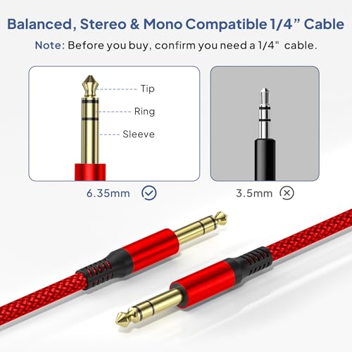 Image of Elebase 1 /4 Inch TRS Instrument Cable 20ft 2-Pack,Straight 6.35mm Male Jack Stereo Audio Interconnect Cord,6.35 mm Balanced Line for Electric Guitar,Bass,Keyboard,Mixer,Amplifier,Amp,Speaker,Equalizer