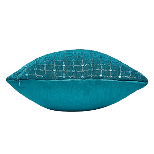 Image of Rectangle Cushion Covers 12x18 Set of 2, Embroidered Mirror Work Cushion Covers, Teal Blue Sofa Pillow Cover,