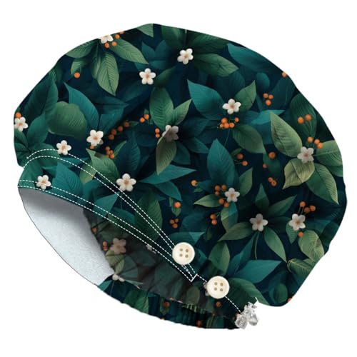 DELORIGIN Green Leaves and Flowers Scrub Caps with 4 Buttons Cotton Nurse Cap Elastic Surgical Hats with Sweatband Chef Bouffant Scrub Cap for Women Men Vet Nurse Cleaning Head Cover One Size Fits All