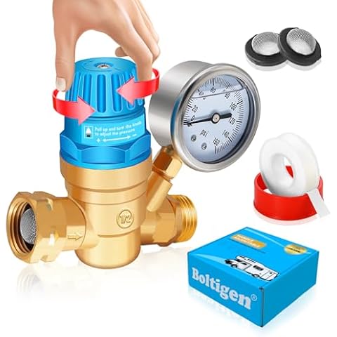 Boltigen Handle Adjustable RV Water Pressure Regulator, 3/4’’ GHT Brass Lead-Free RV Fresh Water Hose Pressure Regulator Valve with Gauge for RV Camper Trailer, Pressure Reducer Valve Cover