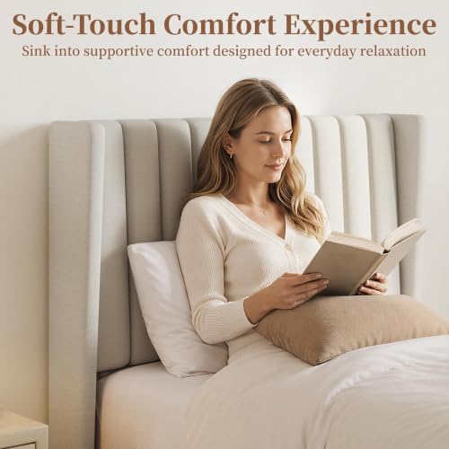 Image of Yaheetech Twin Bed Frame with Headboard,Ivory Channel-Tufted Platform