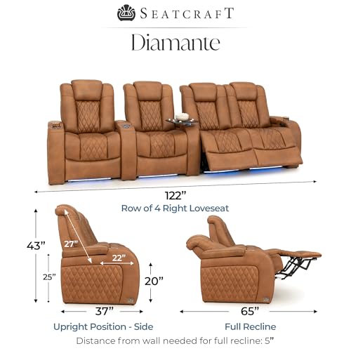 Image of Seatcraft Diamante Tawny Italian Leather Home Theater Seating, Zero Gravity Power Recliner Gaming and Home Office Chair Powered Headrest Lounge Sofa Furniture for Cinema Room, Row of 4 Right Loveseats