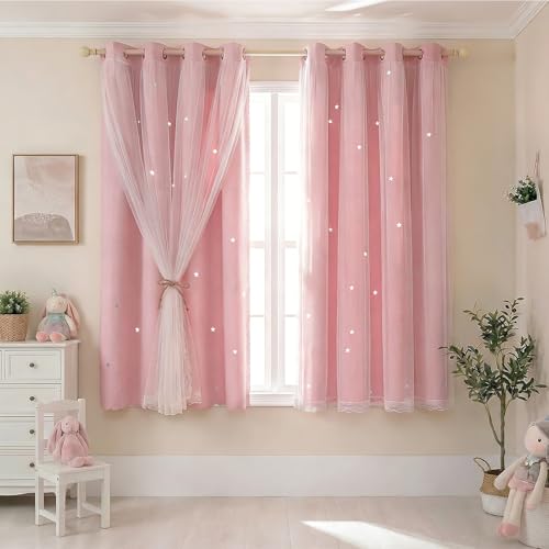 NAKIHOUSE Blackout Curtains with Net 2 Panels Eyelet Curtains for Kids Nursery Bedroom Living Room 52 x 54 Inch Thermal Insulated Curtain & Drapes Pink