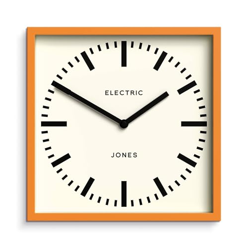 JONES CLOCKS® Box Railway Reloj de Pared | Reloj de estación Cuadrado | 25cm | Naranja | Aspecto de diseñador Fresco para Cocina, Sala de Estar u Oficina