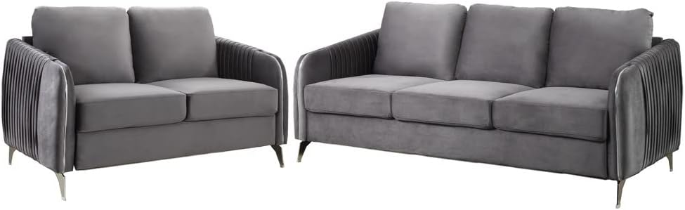 Narva 2-Piece Modern Living Room Sofa and Loveseat in Velvet Fabric (Gray)