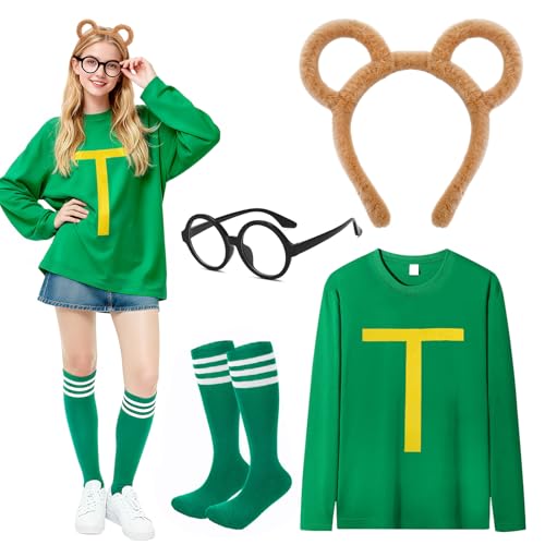 Dazzroi 4Pcs Chipmunks Costume Set for Adults Chipmunk Fancy Dress Outfit with Long Sleeve Top Chipmunks Headband Glasses Soccer Socks for World Book Day Halloween Cosplay Animal Themed Party