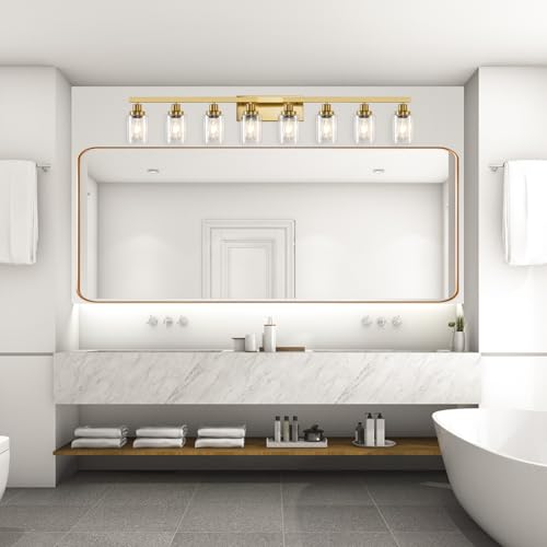 Image of 8 Light Gold Vanity Lights Over Mirror, 52inch Gold Bathroom Light Fixtures Modern Vanity Lights Gold Bathroom Wall Lighting for Mirror Bedroom,Living Room