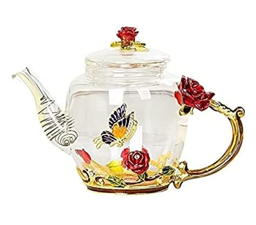 Juego De Te 7 Uds Juego De Tazas De Té Esmaltadas Tetera De Vidrio Estilo Europeo Hogar 6 Tazas De Flores Juego De Té Simple De Negocios Juego De Cafe(Red rose)