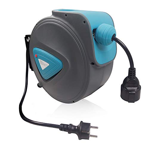 UISEBRT Kabelaufroller Automatik 20m - Kabeltrommel Aufroller 180°drehbar Wandhalterung, mit Elektrokabel (Kabelaufroller)