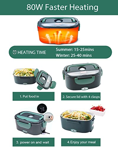 Andmenow 80W Faster Electric Lunch Box[2023 Update], Home Office Truck Car Food Warmer, Portable Food Heater With 304 Stainless Steel Container, Spoon & Fork And Carry Bag (Greygreen) #TOP3