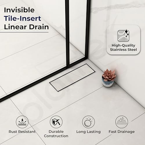 Image of Plantex 304 Grade Stainless Steel Tile Insert Shower Drain Channel /12x4 Inches Waste Water Floor Drain /Invisible Shower Drain Channel with Cockroach Trap - (BH-4104, Chrome)
