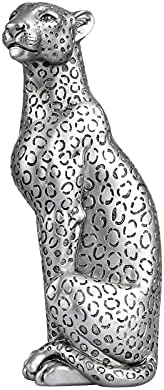 Cheetah Statue Home Decor Leopard Sculpture Resin Sitting Cheetah Figurine Desktop Table Top Ornament Decoration for Home Office Silver