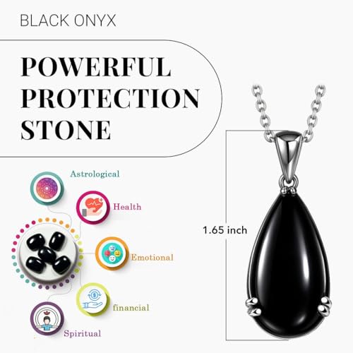 Onyx Necklace in 925 Sterling Silver - Black Teardrop Pendant Necklaces for Women - Silver Boho Pendant Birthstone Necklace with Stainless Steel Chain - 20" Birthday Gifts for Women3