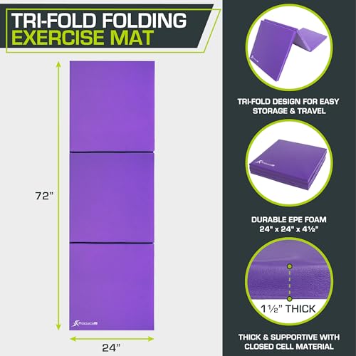 Image of ProsourceFit Tri-Fold Folding Thick Exercise Mat 6'x2' with Carrying Handles for MMA, Gymnastics, Stretching, Core Workouts