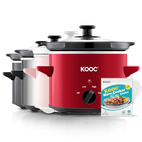 KOOC Small Slow Cooker, 2 Quart, Free Liners Included for Easy Clean-up, Upgraded Ceramic Pot, Adjustable Temp, Nutrient Loss Reduction, Stainless Steel, Red, Round