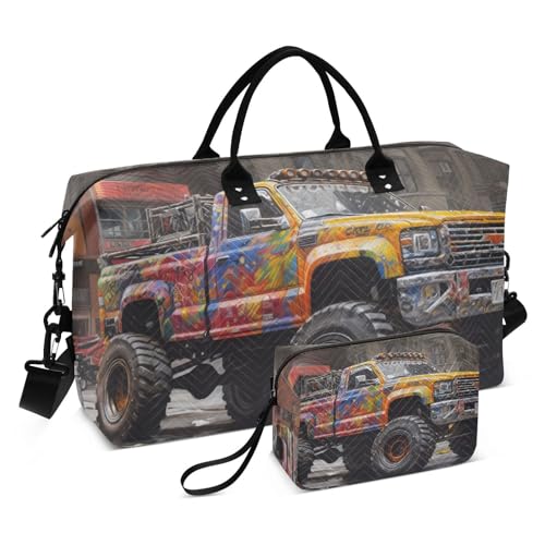 Large Travel Duffel Bag, Yellow Truck Sports Tote Gym Bag, Shoulder Weekender Overnight Bag for Women Men, Carry On Luggage with Toiletry Bags