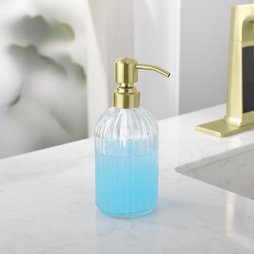 Image of Gold Refillable Glass Kitchen Soap Dispenser,16oz Bathroom Soap Dispenser with Vertical Strip,Golden 304 Stainless Steel Pump Head, Clear Thick Glass,for Modern Home Decor, Countertop, Hotel