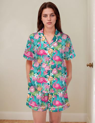 Image of SHESHOW Satin Pajamas for Women Set Preppy Animals Pjs Short Sleeve Shorts 2 Piece Loungewear Sets XS-XXL