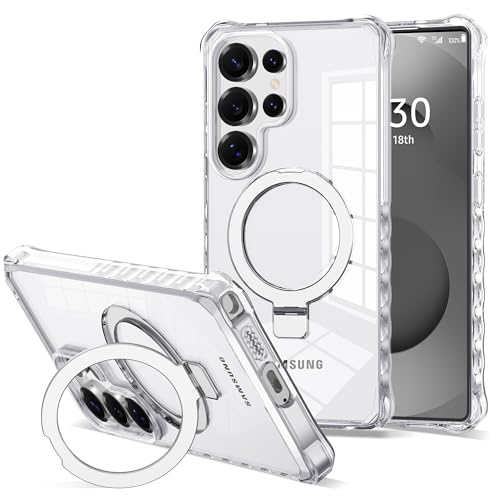 JQRZAOAK �N���A Samsung Galaxy S2025 �P�[�X 6.9�C���` ���C�����O�X�^���h�t�� [Mag-Safe�Ή�] �~���^���[�O���[�h �E�F�[�u�t���[�� �X�}�z�P�[�X S25 Ultra�p�A�N���A