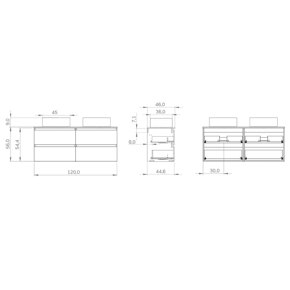 Baikal Mueble de Baño Nilo. Mueble MONTADO. 120cm Musgo 4 Cajones Suspendido con Doble Lavabo sobre Encimera de 46cm