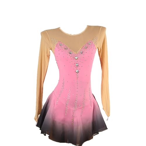 Vestido de patinação artística de alta elasticidade rosa manga longa feminino para meninas vestido d