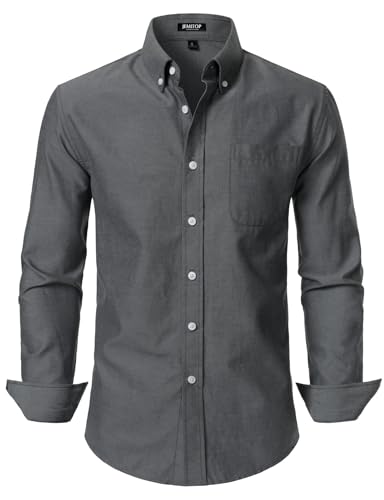 JEMITOP Men's Classic Lightweight Oxford Button Down Collar Shirts Business Casual Slim Fit Long Sleeve Dress Shirt with Pocket Dark Grey L