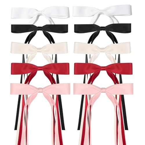 Ribbon Hair Bows Set for Women and Girls - 10PCS Hair Clips with Bowknot Tassels, Barrettes in Black, White, Wine Red, Beige, Pink