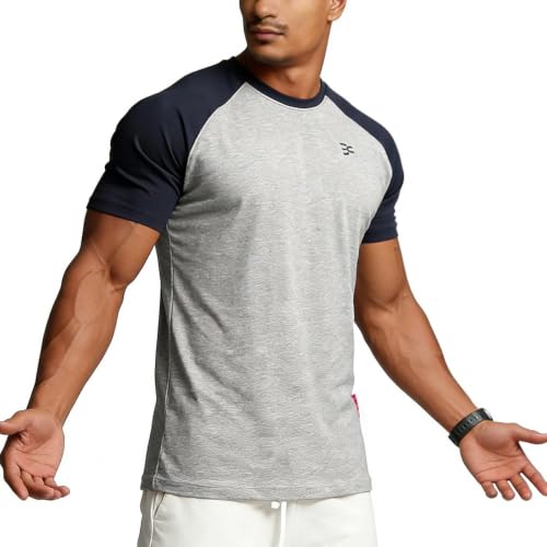 Image of Men's Cotton Short Sleeve Raglan Crew Neck Gym Workout Athletic Tee | Breathable raglan crew neck tee with mild elasticity, suitable for workout, fitness exercise and daily casual wearing