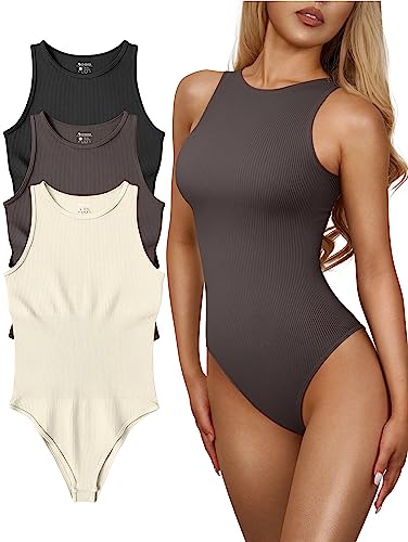OQQ Women's 3 Piece Bodysuits Sexy Ribbed One Piece Sleeveless
