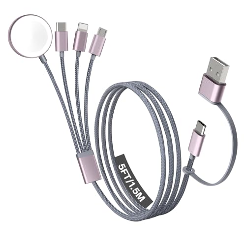 Travel Essentials, 4 in 2 Multi Charging Cable for Apple Watch Charger/iPhone Charger,USB C Cable Cord for iPhone 17-11/iWatch Ultra/10-2/Galaxy S25-S20, Android Phones, Kindle, MP3-Grey,5FT