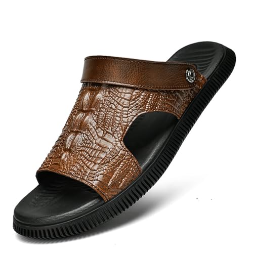 Men's Genuine Leather Fashion Sandals Classic Printing Open Toe Slingback Straps Slip-On Beach Flat Sandals Non-Slip Soft Comfortable Slide Sandals
