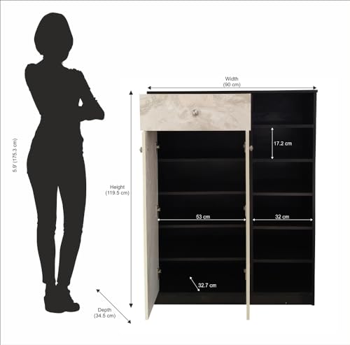 Image of KIK Liberty Engineered Wood 2 Doors Shoe Rack Cabinet Slipper Footwear Stand Organizer with Drawer can Store Up to 24 Pairs for Home (Wenge & Marble Finish)