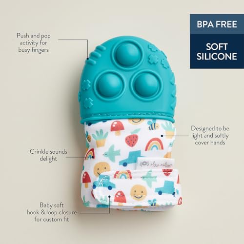 Image of Itzy Ritzy Silicone Teething Mitt - Soothing Infant Teething Mitten with Adjustable Strap, Crinkle Sound & Textured Silicone to Soothe Sore & Swollen Gums - for Ages 3 Months & Up (Teal)