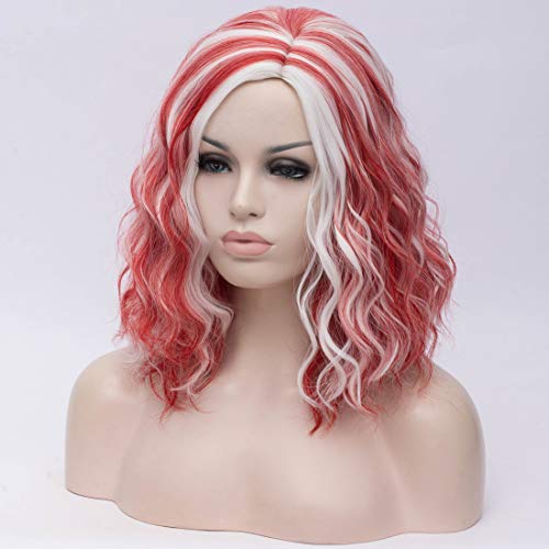 Image of BERON Red and White Wigs for Women Girls White Mixed Red Short Curly Wavy Wig Color Shoulder Length Body Wave Halloween Cosplay Daily Party Wigs