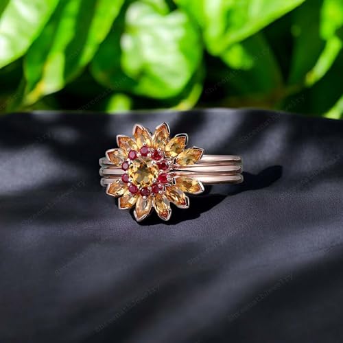 Vintage Multi Gemstone Wedding Ring Set 18k Solid Gold Ring Set Citrine Ruby Floral 3 pcs Ring Set Art Deco Bridal Jewelry Family Birthstone Ring Set Gift for Wife4